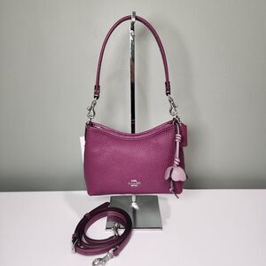 NWT Coach CCF15 Laurel Small Shoulder Bag Flower Charm Purple Pebble Leather